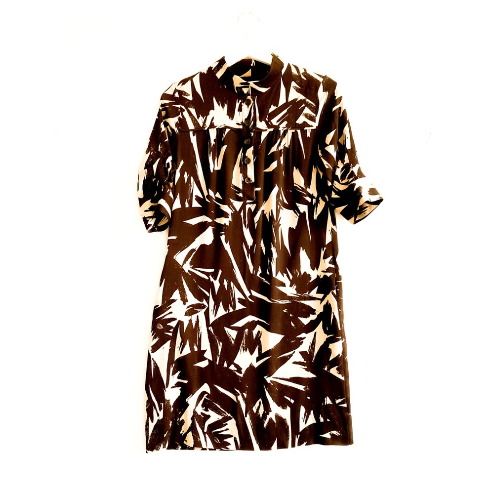 Diane Von Furstenberg brown cream silk printed short sleeve shirt dress size 4